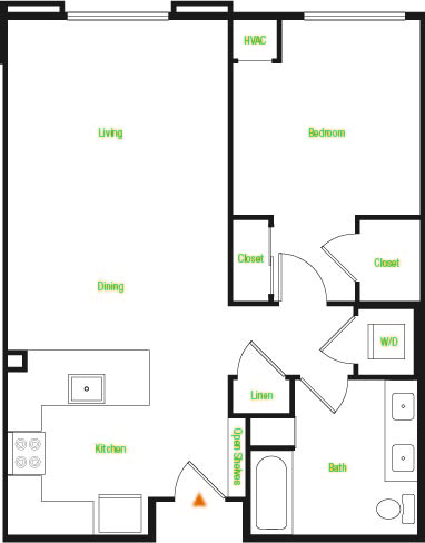 Floor plan for 1 bed, 1 bath, 780 sqft